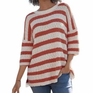 Garnet Hill Chunky Knit Sweater Orange Striped Beachy 100% Organic Cotton Size S